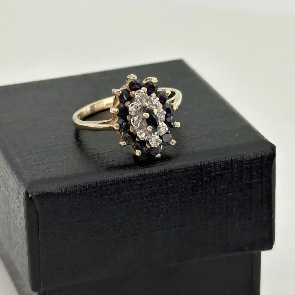 Vintage 10K Yellow Gold Sapphire & Diamond Halo Cluster Ladies Band Ring Size 6
